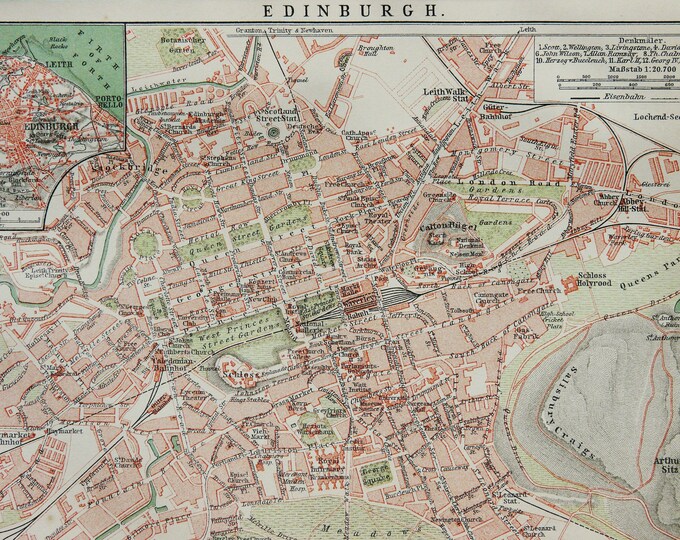 1895 Antique city map of EDINBURGH, SCOTLAND. 129 years old town map.