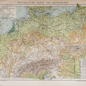 1895 Antike physische Karte von DEUTSCHLAND und MITTELEUROPA. Flüsse und Berge. Österreich. Polen. Ungarn. Vintage Geographie. 129 Jahre alt.