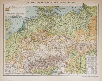 1895 Antique physical map of GERMANY and CENTRAL EUROPE. Rivers and Mountains. Austria. Poland. Hungary. Vintage Geography. 131 years old.