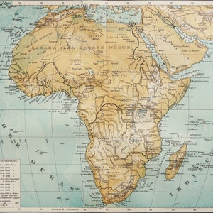 1895 Antique physical map of AFRICA, Rivers and Mountains. Geology. Geography. 129 years old chart. Antique Print