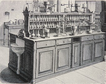 1895 Antique print of CHEMISTRY: CHEMICAL LABORATORY. Sciences. 131 years old engraving.