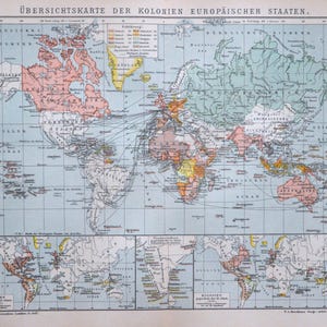 1908 Antique World Map of EUROPEAN COUNTRIES COLONIES in Victorian Era ...