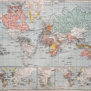 Carte du monde antique de 1908 des COLONIES DE PAYS D'EUROPE à l'époque victorienne. Le colonialisme. Empire allemand. Empire britannique. Carte de 116 ans.