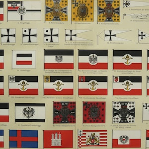 Puede incluir: Ilustración de varias banderas alemanas históricas, incluidas banderas navales, de guerra y estatales. Las banderas presentan diseños con rayas negras, blancas y rojas, junto con emblemas como la Cruz de Hierro y el águila alemana.