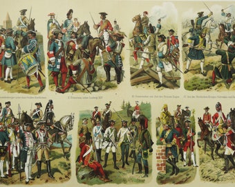 1897 Antique lithograph of 18th CENTURY SOLDIERS UNIFORMS. Army Uniforms. Prussia. Austria. Russia. England. Sweden... 129 years old print.