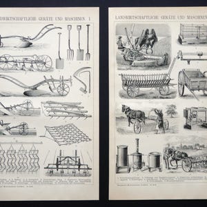 1895 Set of 2 antique prints of ANTIQUE AGRICULTURAL MACHINERY. Farming, Instruments, Tools. Agriculture. Tractors. 130 years old engravings