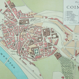 1900 Plan de la ville de COIMBRA, PORTUGAL. Carte des 124 ans