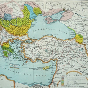 1895 Antique historical map of THE OTTOMAN EMPIRE. Turkish Empire. Turkey. Istanbul. 129 years old chart