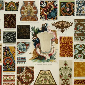 1897 Antik litografi av ANTIKA ORNAMENT. Barockornament, Konst. Asiatiska ornament. Dekorativ konst. 129 år gammalt tryck.