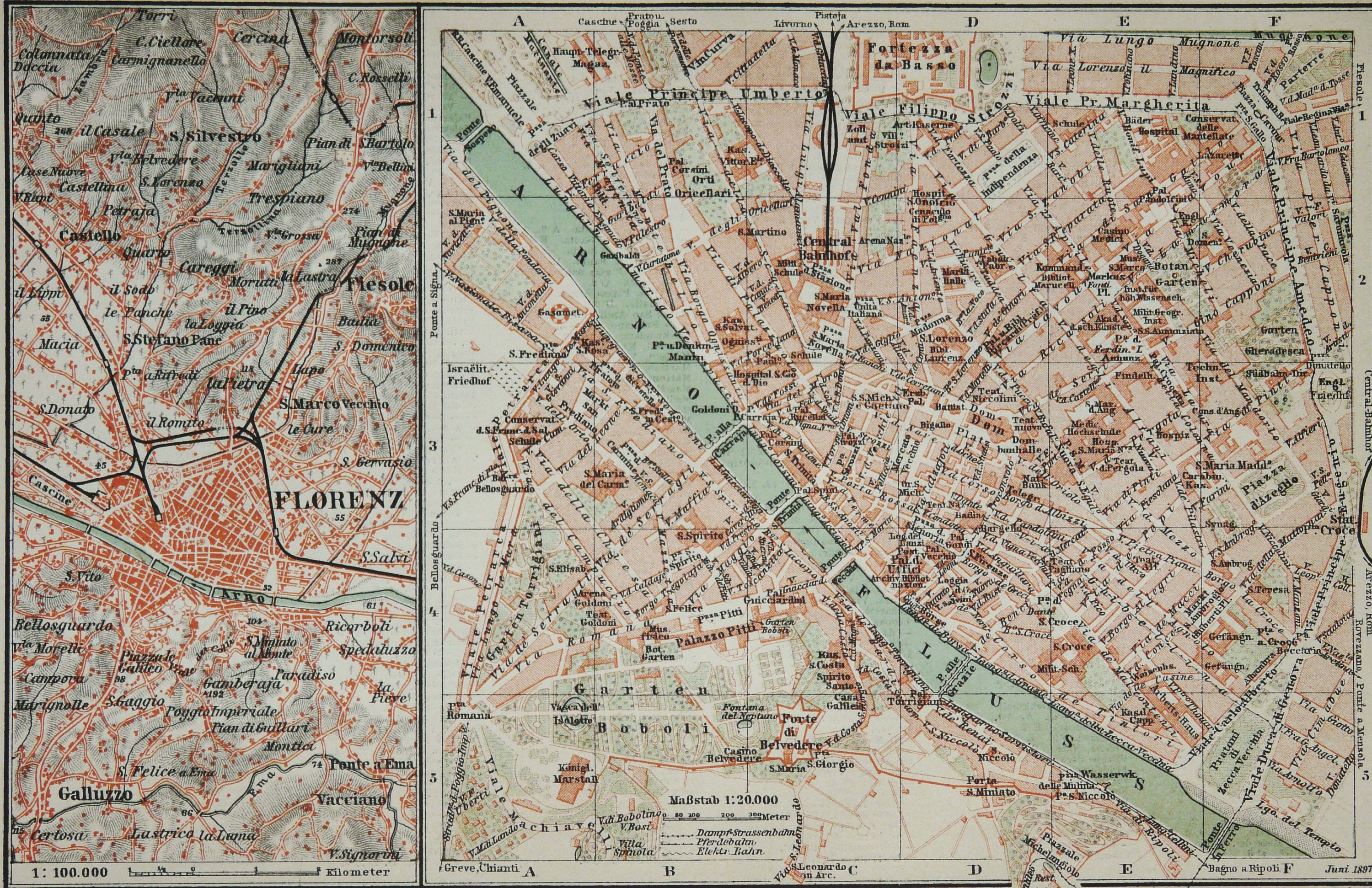 1895年 フィレンツェのアンティーク市街地図。フィレンツェ。イタリア
