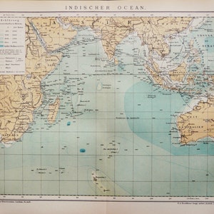 1895 Mapa antiguo del OCÉANO ÍNDICO. Navegación. gráfico de 129 años