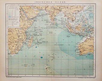 May include: A vintage map of the Indian Ocean with a light blue background and brown and black lines. The map shows the coastlines of Africa, Asia, and Australia. The map is titled "Indischer Ocean" in German.
