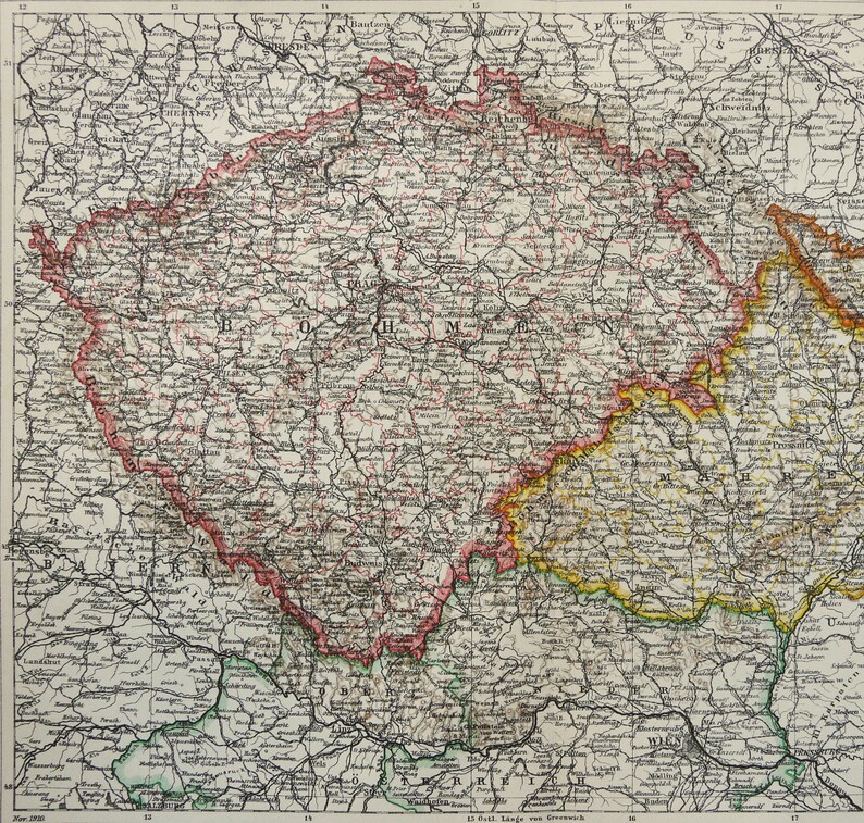 1895 Antique Map of BOHEMIA and MORAVIA. SILESIA. Czech Republic. 129 ...