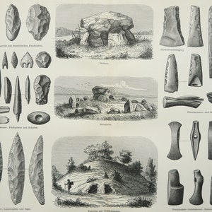 May include: An antique illustration featuring various prehistoric tools and structures. The image showcases stone tools like arrowheads, axes, and blades, alongside depictions of ancient dolmens and burial mounds. The tools are in shades of gray.