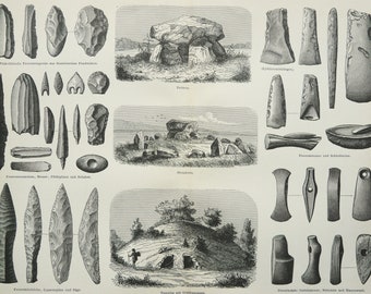 Gravura antiga de 1897 sobre ARQUEOLOGIA: Ferramentas da Idade da Pedra e da Idade do Bronze. Machados de pedra. Cerâmica. Arqueologia. Gravura de 129 anos.