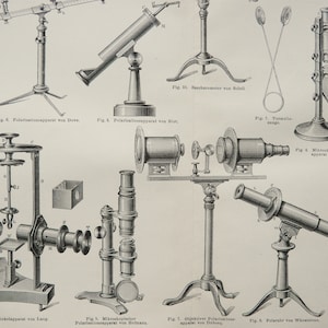 Op de afbeelding: Een zwart-witte technische illustratie met diverse wetenschappelijke instrumenten voorzien van Duitse tekst, waaronder Fig. 6 Polarisationsapparat von Dove, Fig. 7 Objektiver Polarisationsapparat von Duboscq en Fig. 8 Polaruhr von Wheatstone.