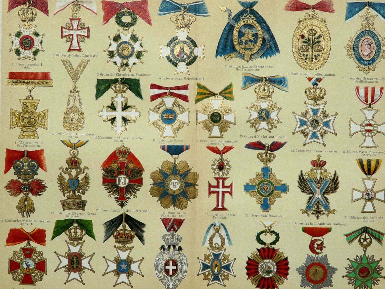 1897年 ヨーロッパ諸国の勲章、メダル、賞状を描いたアンティーク