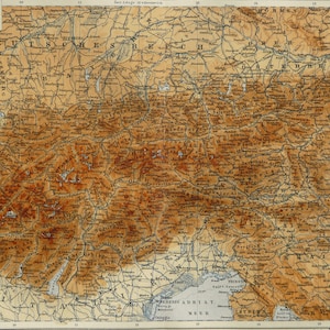 1910 Mappa antica delle ALPI. Mappa fisica delle montagne, dei fiumi... Geologia. Grafico di 114 anni