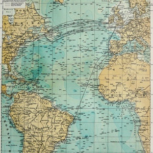 1895 Antike Karte des ATLANTISCHEN OZEANS. Schifffahrt. 129 Jahre alte Lehrtafel