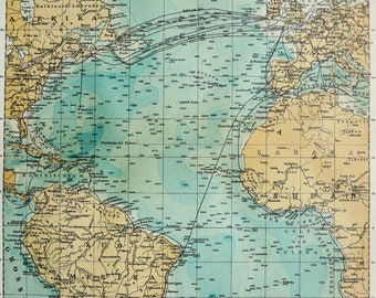 1895 Antique map of THE ATLANTIC OCEAN. Navigation. 129 years old chart