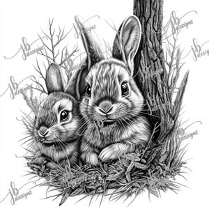 Könnte beinhalten: Eine Schwarzweiß-Bleistiftzeichnung von zwei Kaninchen, die sich in einer Waldlandschaft aneinanderkuscheln. Die Kaninchen sind in einem realistischen Stil gezeichnet, mit detailliertem Fell und Schnurrhaaren. Der Hintergrund zeigt einen Baumstamm und Blätter.
