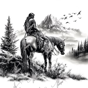 May include: A black and white drawing of a Native American man riding a horse through a mountain landscape. The man is wearing a feathered headdress and traditional clothing. The horse is facing away from the viewer, and the mountains are in the background. There are birds flying in the sky.