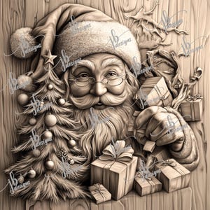 May include: A carved wooden image of Santa Claus holding a gift box. He is surrounded by presents and a Christmas tree. The image is in shades of gray and white.