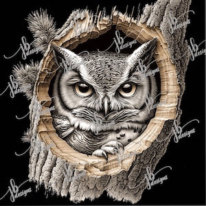May include: A black and white illustration of an owl peering out of a tree trunk. The owl's eyes are large and round, and its feathers are detailed. The tree trunk is rough and textured.