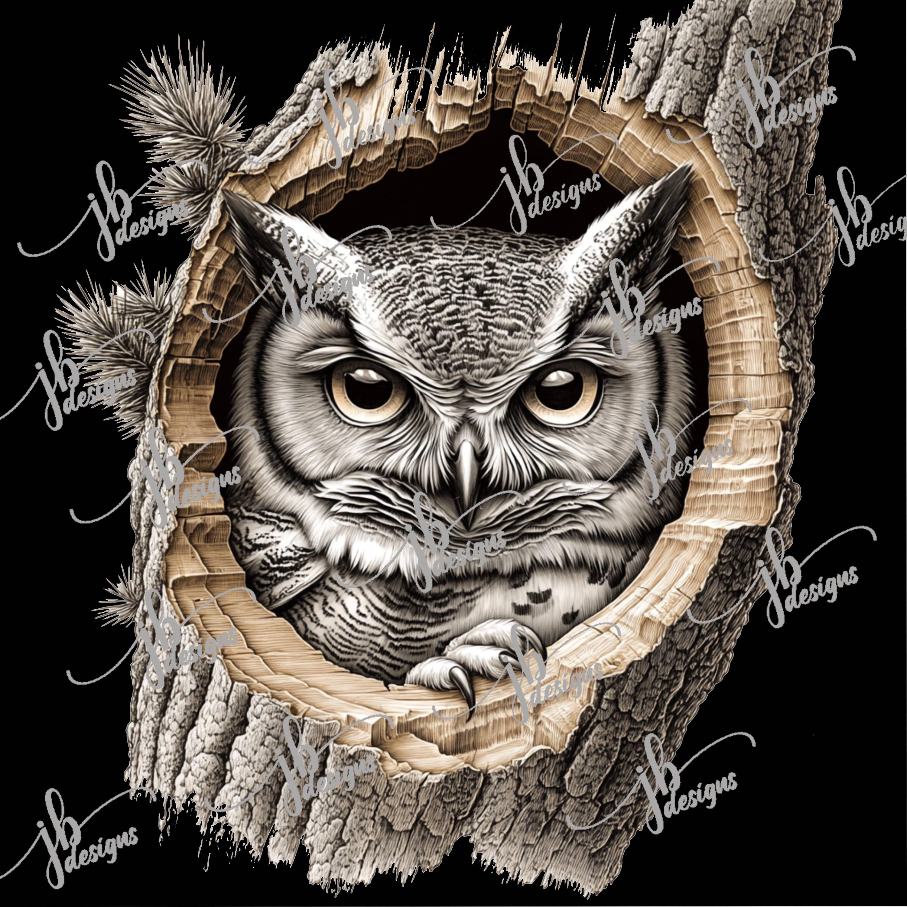 Laser Burn PNG of an Owl in a tree | Engrave | Laser Ready | Digital Design File | Owl | Tree | 3D I