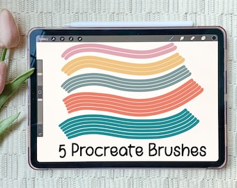 May include: A digital tablet screen displaying a preview of 5 Procreate brushes. The brushes are shown as colorful, curved lines in shades of pink, yellow, teal, and green.