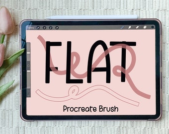 May include: A digital tablet screen displaying the word "FLAT" in black text with a pink line drawn through it. The text "Procreate Brush" is displayed below the word "FLAT".