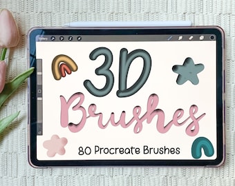 May include: A digital tablet screen displaying a graphic design of the text "3D Brushes" in pink and blue with a 3D effect. The text is surrounded by colorful shapes and the text "80 Procreate Brushes" is displayed below.