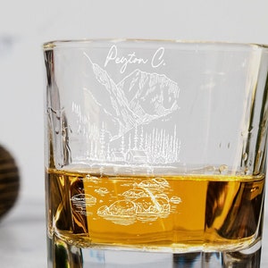 Custom Etched Mountain Lake Whiskey Glass: Personalized Nature Decor Gift