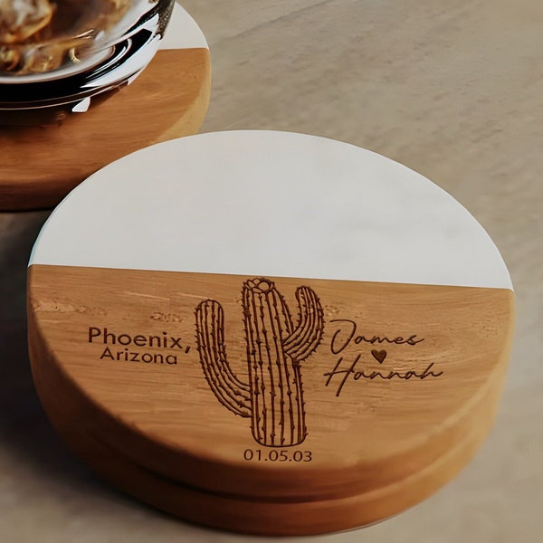 Custom Cactus Coasters, Marble and Acacia Wood Coasters, Custom Arizona Gift, Desert Wedding, Gift For Him, Wedding Coasters, Housewarming.