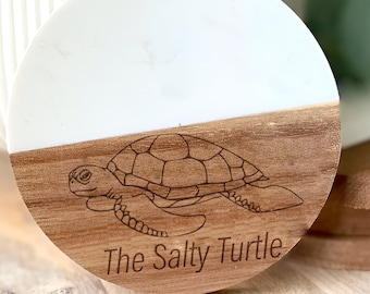 Custom Sea Turtle Coasters: Acacia Wood & Marble, Aquatic Decor