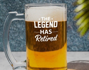 The Legend Has Retired Beer Mug - Engraved Retirement Gift, Farewell Tribute, Celebratory Barware, Retirement Party, Legendary Career