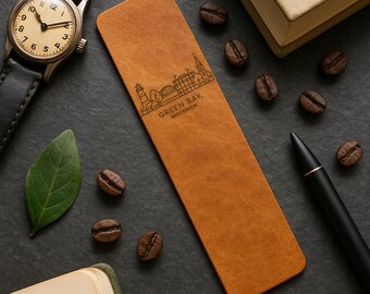 Green Bay Wisconsin Genuine Leather Bookmark Featuring City Landmarks and Local Scenery