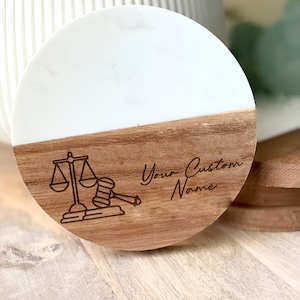 Marble & Acacia Wood Coaster, Justice Decor, Lawyer Gift, Office Accessory, Home Bar Essentials