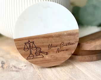 Marble & Acacia Wood Coaster, Justice Decor, Lawyer Gift, Office Accessory, Home Bar Essentials