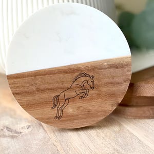 Leaping Horse Coaster: Acacia Wood & Marble Equestrian Decor