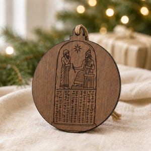 May include: A round, wooden Christmas ornament with a detailed engraved design. The ornament features a depiction of two figures and ancient text. It has a natural wood grain finish and a jute twine loop for hanging.