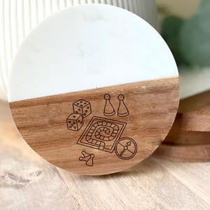 Retro Board Game Coaster: Acacia Wood & Marble - Game Night Decor
