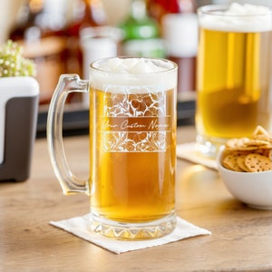 Art Nouveau Floral Patterns Glass Beer Mug, Vintage Drinkware, Unique Beer Gift, Decorative Barware, Stylish Home Pub
