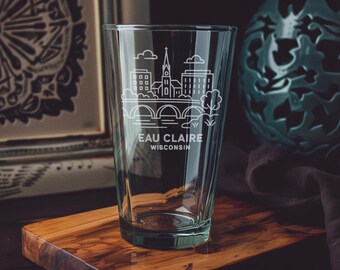 Eau Claire Wisconsin Pint Glass – Downtown Skyline, Chippewa River, Local Landmarks Souvenir Drinkware Gift