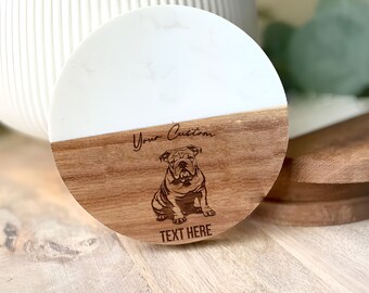 Marble Bulldog Coaster, Acacia Wood, Drink Holder, Table Protector, Elegant Design