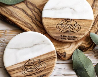 Francesinha Porto Coaster – Acacia Wood & Marble Drink Coaster