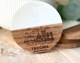 Tacoma Washington Coaster Featuring City Skyline, Mount Rainier, and Waterfront Landmarks