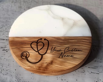 Marble & Acacia Wood Stethoscope Coaster, Medical Office Decor, Heart Design, Doctor Gift, Nurse Accessory