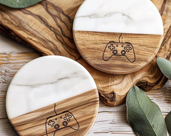 Video Game Controller Coaster: Acacia Wood & Marble Gamer Gift
