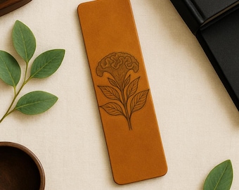 Celosia Cockscomb Leather Bookmark, Botanical Floral Page Marker, Italian Leather Gift